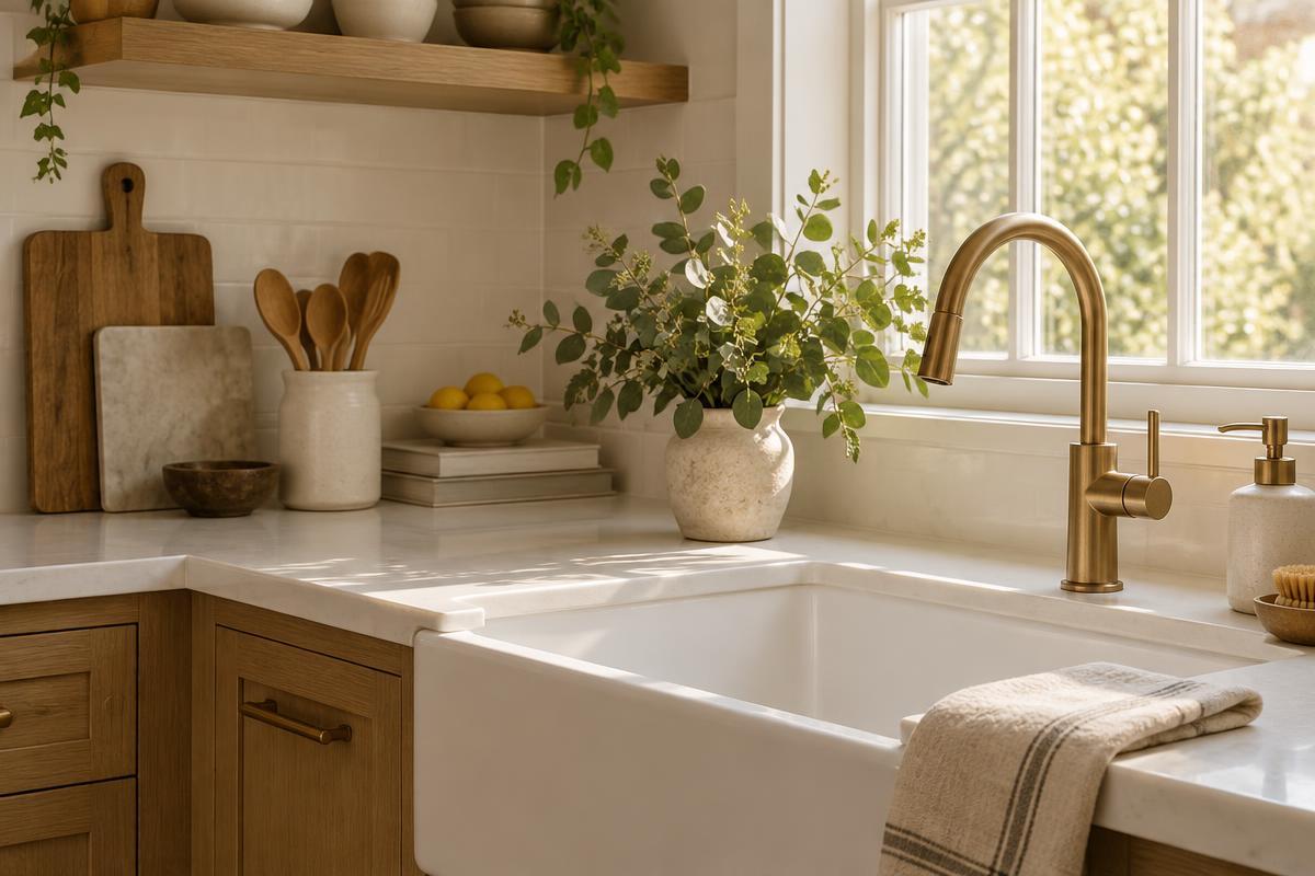 A freshly cleaned kitchen counter and sink in warm morning light